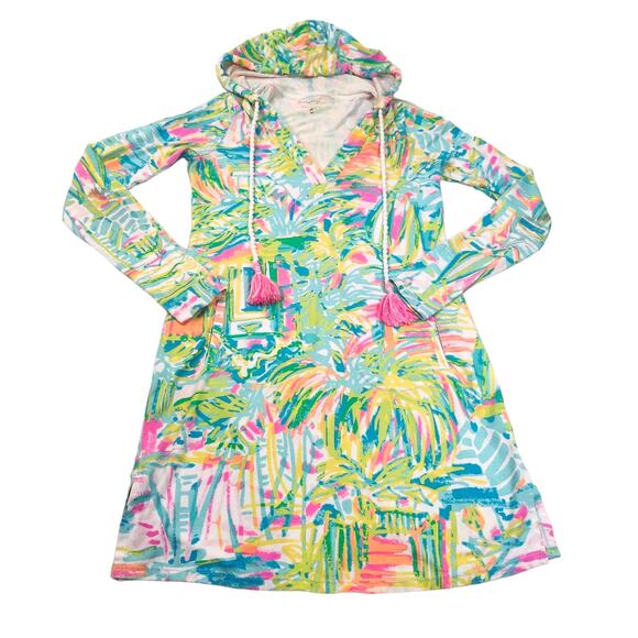 Lilly Pulitzer Dress XS Swim Cover Up Hooded Hoodie Tassel Neon Green Pink - Picture 2 of 15